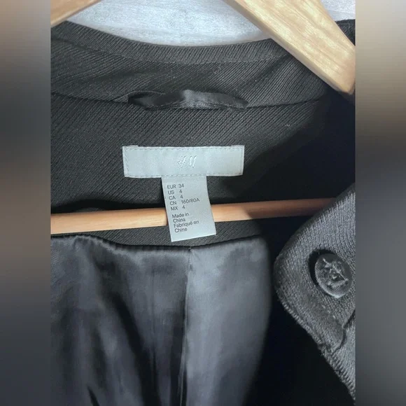 H&M short wool-blend coat women size 4 black long sleeve lined - Picture 7 of 14